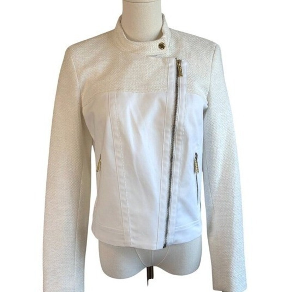 Michael Kors White Moto Jacket Textured Zip Jacket  8 Ladylike Biker Consign